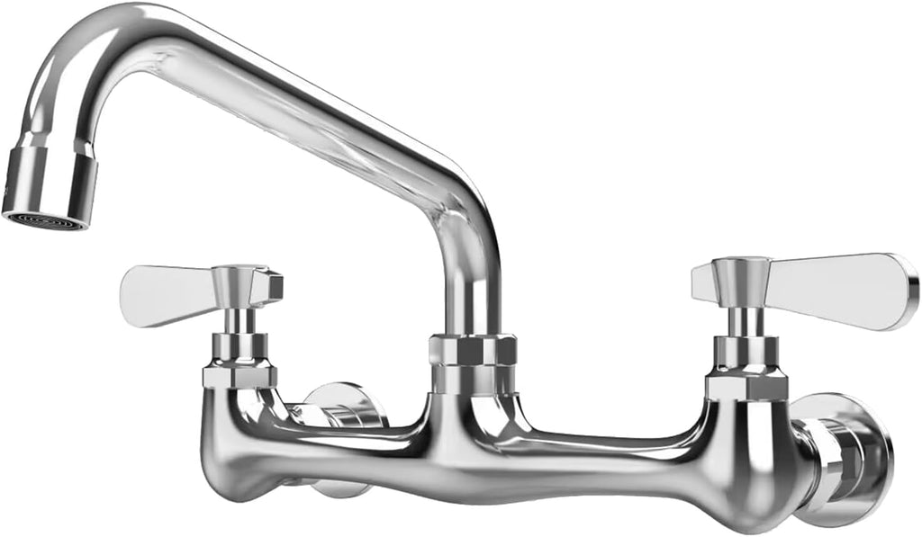 Kitchen Wall-Mounted Faucet: Commercial-grade sink faucet suitable for kitchens, utility rooms, and laundry rooms; features an 8-inch swivel spout and dual handles for hot/cold water mixing; Chrome finish.