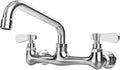 Kitchen Wall-Mounted Faucet: Commercial-grade sink faucet suitable for kitchens, utility rooms, and laundry rooms; features an 8-inch swivel spout and dual handles for hot/cold water mixing; Chrome finish.