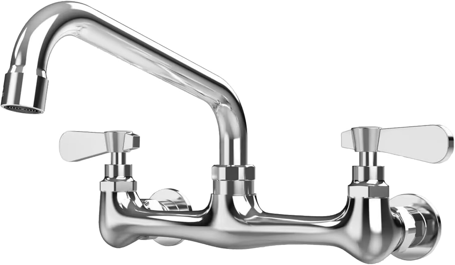 Kitchen Wall-Mounted Faucet: Commercial-grade sink faucet suitable for kitchens, utility rooms, and laundry rooms; features an 8-inch swivel spout and dual handles for hot/cold water mixing; Chrome finish.