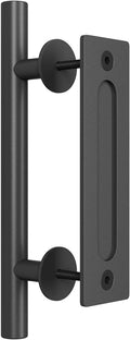12" Heavy Duty Sliding Barn Door Handle, Pull and Flush Hardware Set, Black Powder Coated Finish, Large Rustic Two-Side Design, Round
