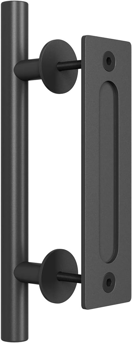 12" Heavy Duty Sliding Barn Door Handle, Pull and Flush Hardware Set, Black Powder Coated Finish, Large Rustic Two-Side Design, Round
