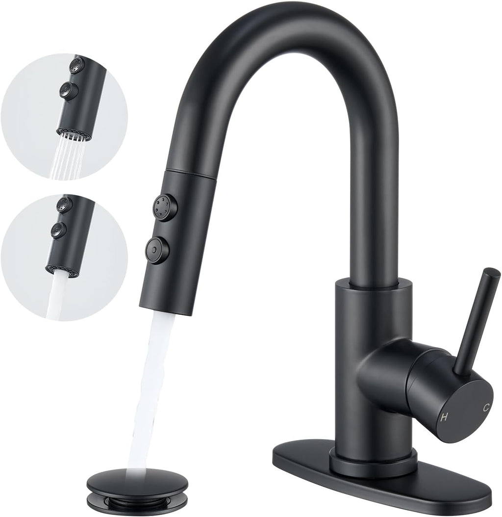 Black Bathroom Faucet (with Pull-Down Sprayer) — Single-Hole Installation, Includes Pop-Up Drain Assembly and Hoses; Single-Handle Lavatory Faucet, Suitable for Vanities and Restrooms