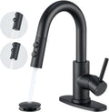 Black Bathroom Faucet (with Pull-Down Sprayer) — Single-Hole Installation, Includes Pop-Up Drain Assembly and Hoses; Single-Handle Lavatory Faucet, Suitable for Vanities and Restrooms