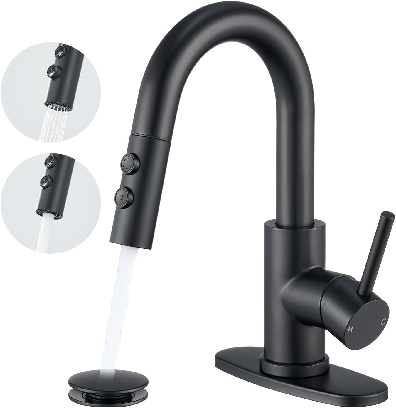 Black Bathroom Faucet (with Pull-Down Sprayer) — Single-Hole Installation, Includes Pop-Up Drain Assembly and Hoses; Single-Handle Lavatory Faucet, Suitable for Vanities and Restrooms