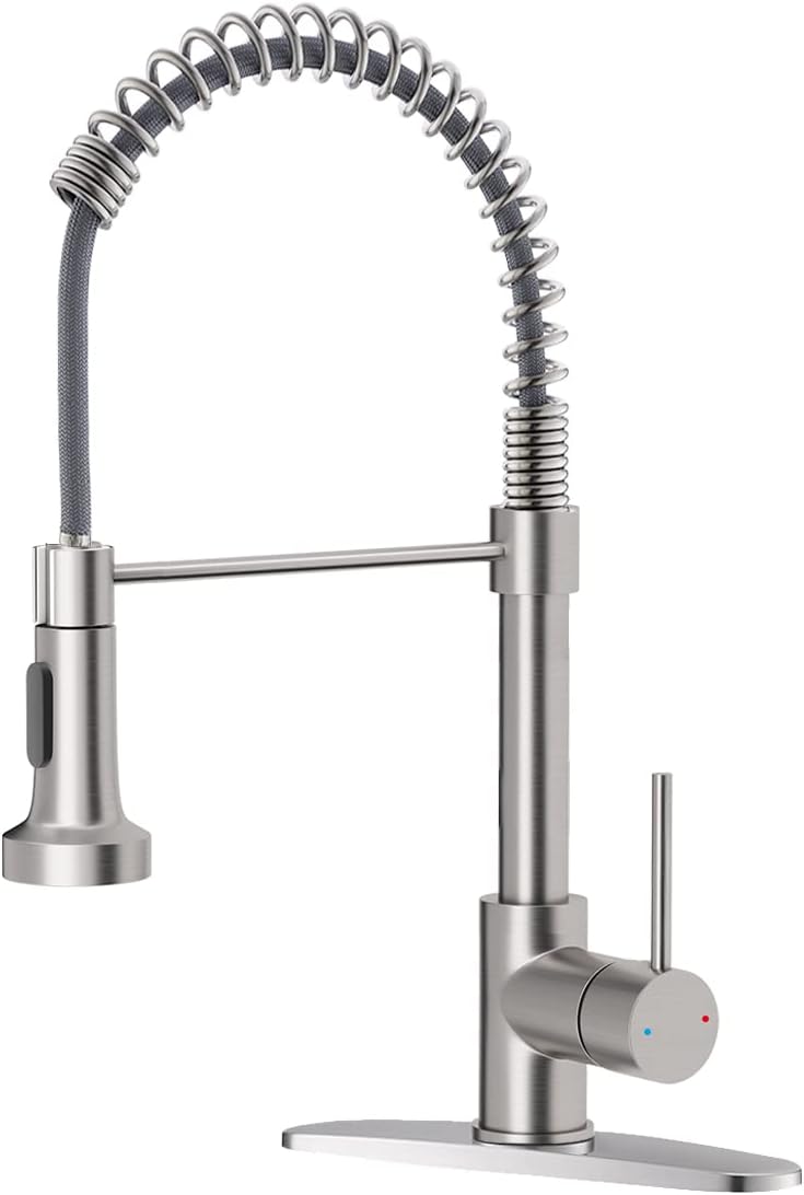 Kitchen Pull-Down Faucet — Brushed Nickel Stainless Steel, Single-Handle Spring-Style Sink Faucet (Supports 1- or 3-Hole Installation); Dual-Function Design; Suitable for Farmhouses, Campers, Laundry Rooms, Utility Rooms, RVs, and Wet Bars