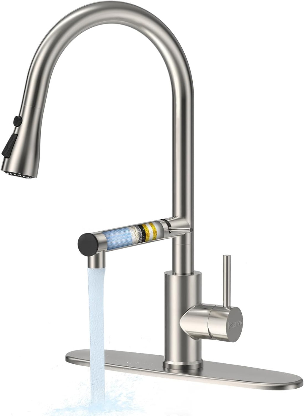Kitchen Faucet — Upgraded Water-Filtering Kitchen Faucet (with Pull-Down Sprayer), Brushed Nickel Stainless Steel Construction, High-Arc Design