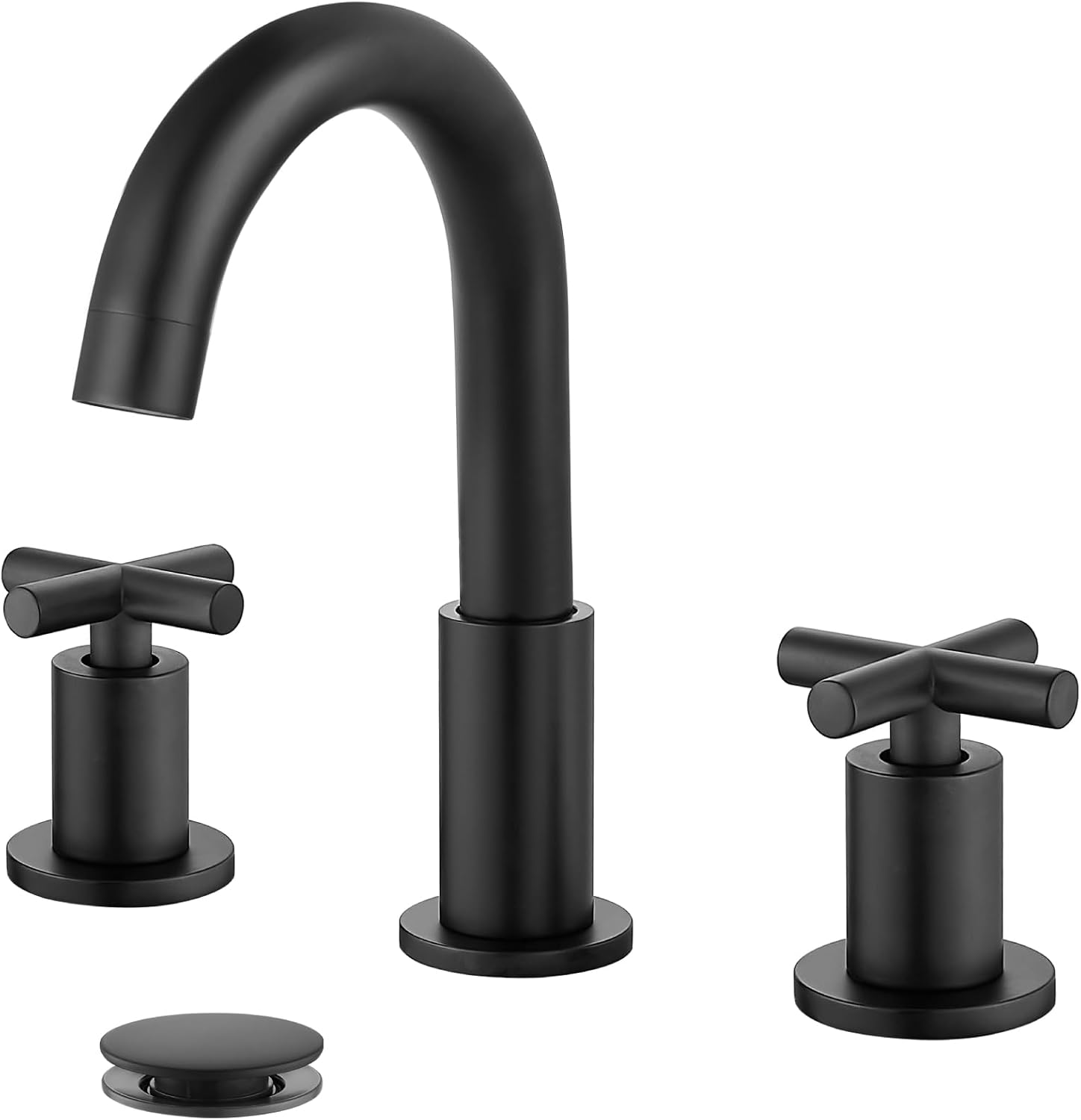 3-Hole Bathroom Faucet: 8-inch Widespread Lavatory Faucet (deck-mounted installation); features dual cross-handles, a push-to-seal drain assembly, and a 360° swivel spout; finished in Matte Black.