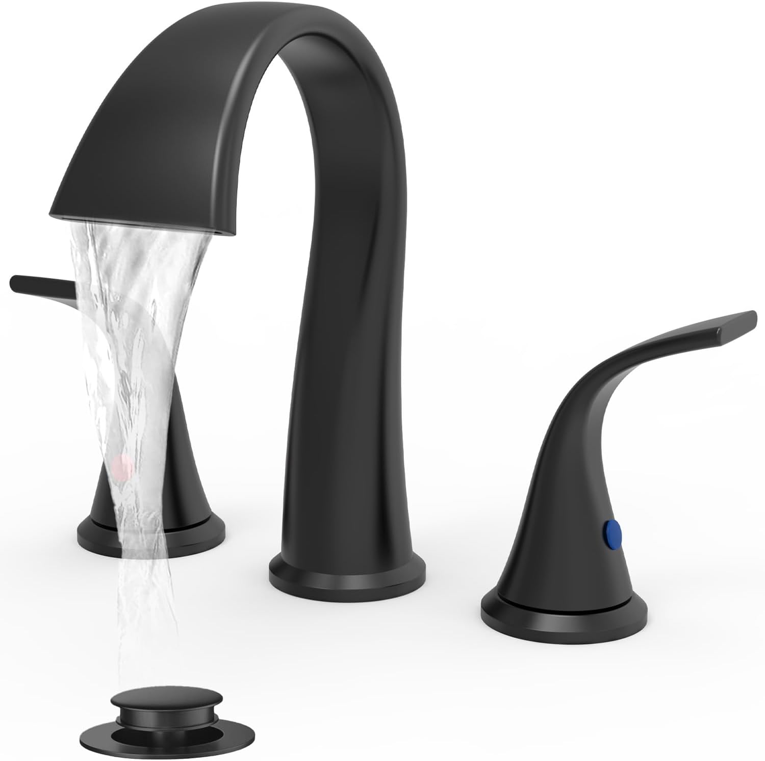 Bathroom Faucet: 3-hole lavatory faucet (includes lift-rod drain assembly and supply hoses); features an 8-inch wide-flow waterfall spout and dual-handle design; suitable for vanities, restrooms, and commercial settings (Black finish).