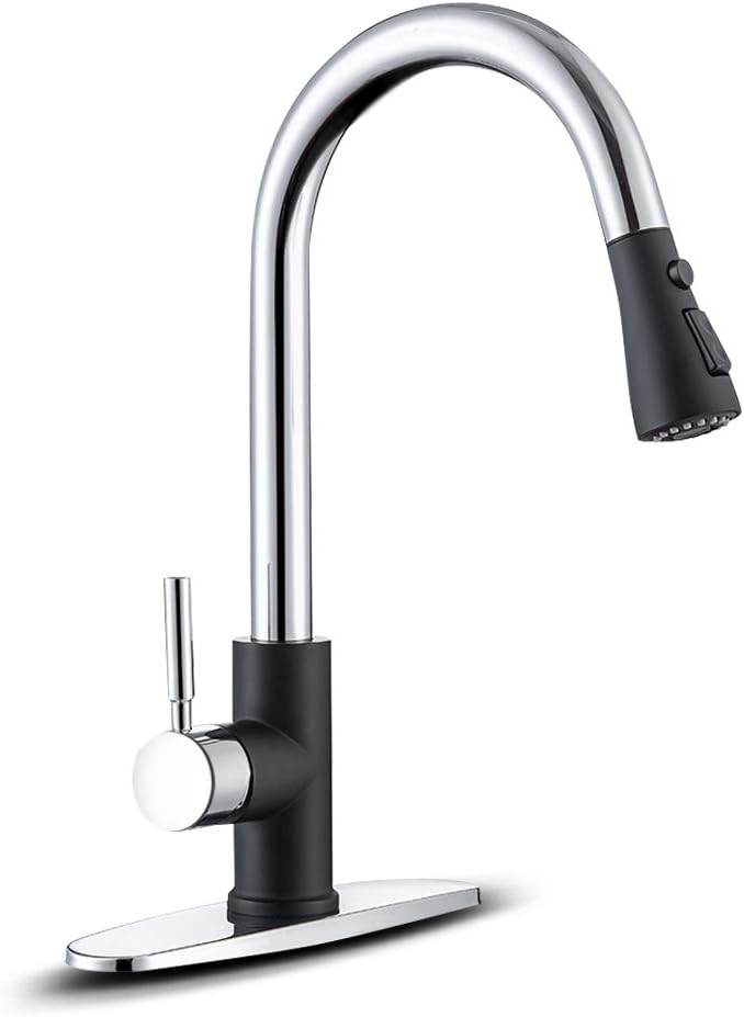Kitchen Sink Faucet — Pull-Down Design, Two-Tone Black Chrome & Stainless Steel Finish, Single-Handle (Supports 1- or 3-Hole Installation); Suitable for Laundry Rooms, Bar Sinks, and Kitchen Sinks