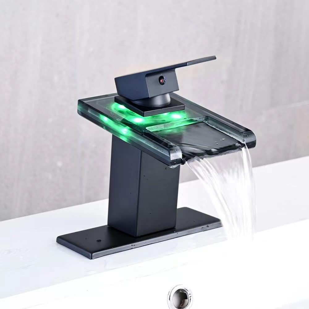 Bathroom Sink Faucet | Matte Black Waterfall-Style Single-Hole Vanity Faucet (for Single-Hole Sinks) | Includes Metal Pop-Up Drain & 2 Supply Hoses | Open Glass Spout Design