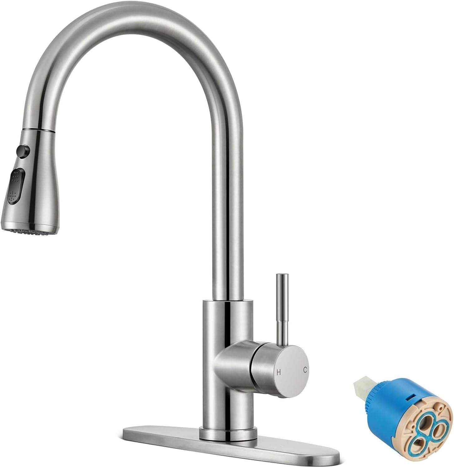 Kitchen Faucet (includes replacement cartridge): Brushed Nickel, High-Arc, Single-Handle Stainless Steel Sink Faucet (suitable for 1-hole or 3-hole installation)—ideal for farmhouses, RVs, laundry rooms, bar areas, campers, and commercial settings.