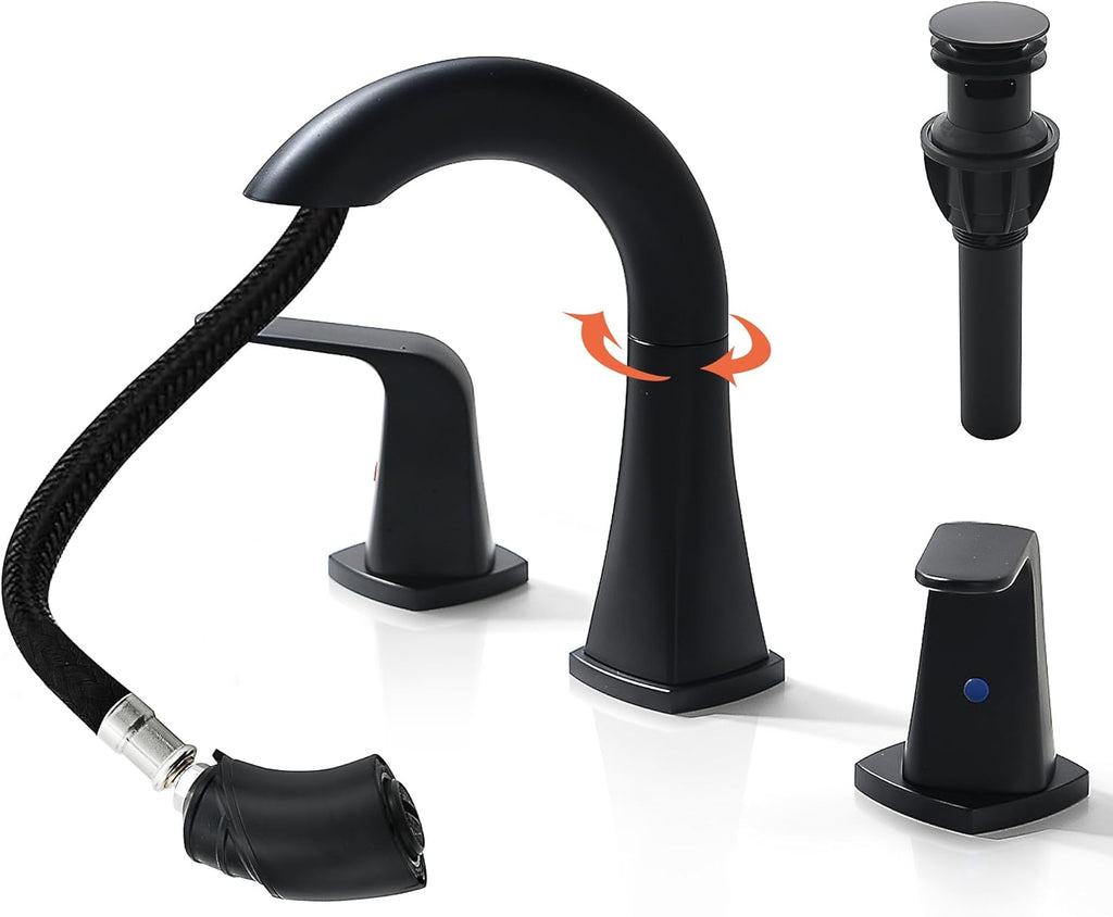Black Pull-Down Bathroom Faucet — Matte Black Lavatory Faucet (with Sprayer); Dual-Handle Widespread Vanity Faucet