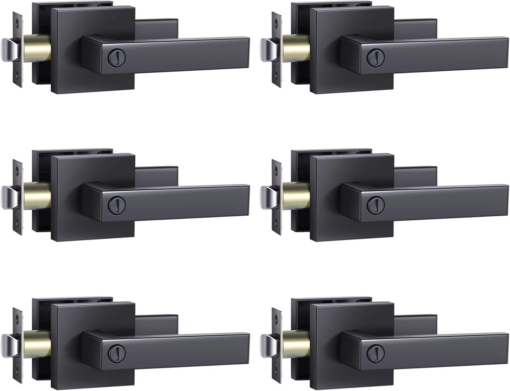 Interior Door Handle, 6 Pack Privacy Black Door Knobs Matte Black Door Handle Door Levers Heavy Duty with Modern Contemporary Slim Square Design for Home Bedroom & Bathroom Keyless Zinc-Alloy