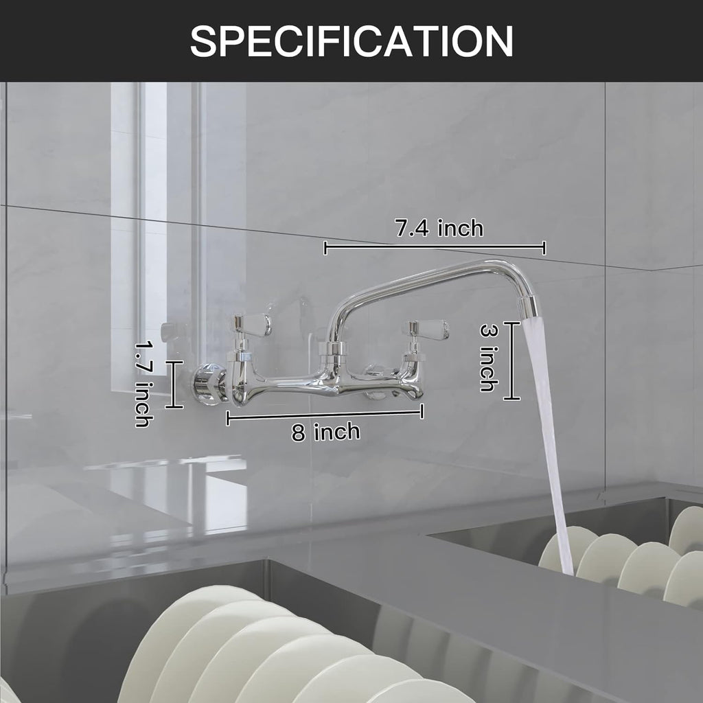Kitchen Wall-Mounted Faucet: Commercial-grade sink faucet suitable for kitchens, utility rooms, and laundry rooms; features an 8-inch swivel spout and dual handles for hot/cold water mixing; Chrome finish.