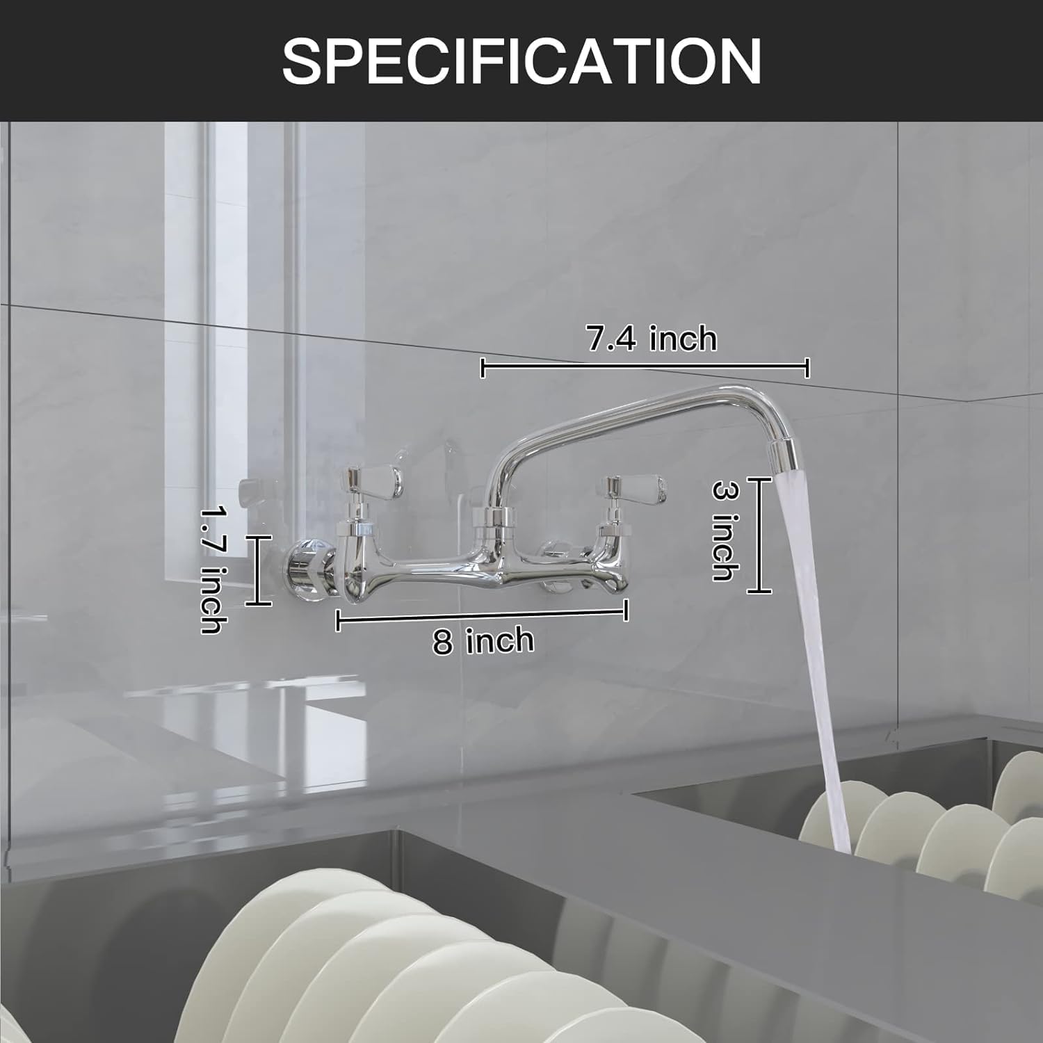 Kitchen Wall-Mounted Faucet: Commercial-grade sink faucet suitable for kitchens, utility rooms, and laundry rooms; features an 8-inch swivel spout and dual handles for hot/cold water mixing; Chrome finish.