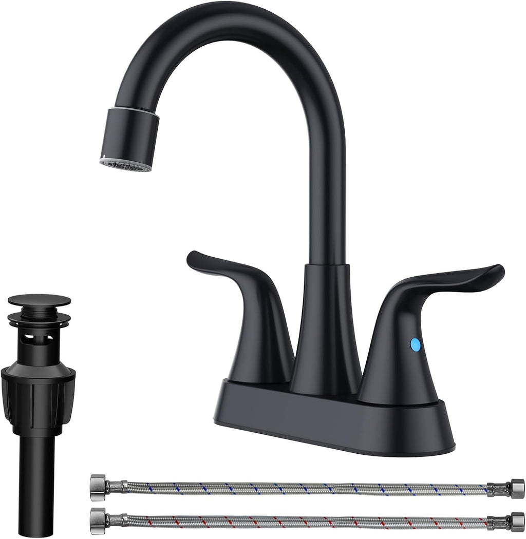 Bathroom Faucet (Centerset Installation): 4-inch Matte Black Lavatory Faucet (suitable for 2-hole or 3-hole sinks); includes a push-to-seal drain assembly and two supply hoses; dual-handle control bathroom sink faucet.