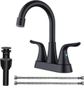 Bathroom Faucet (Centerset Installation): 4-inch Matte Black Lavatory Faucet (suitable for 2-hole or 3-hole sinks); includes a push-to-seal drain assembly and two supply hoses; dual-handle control bathroom sink faucet.