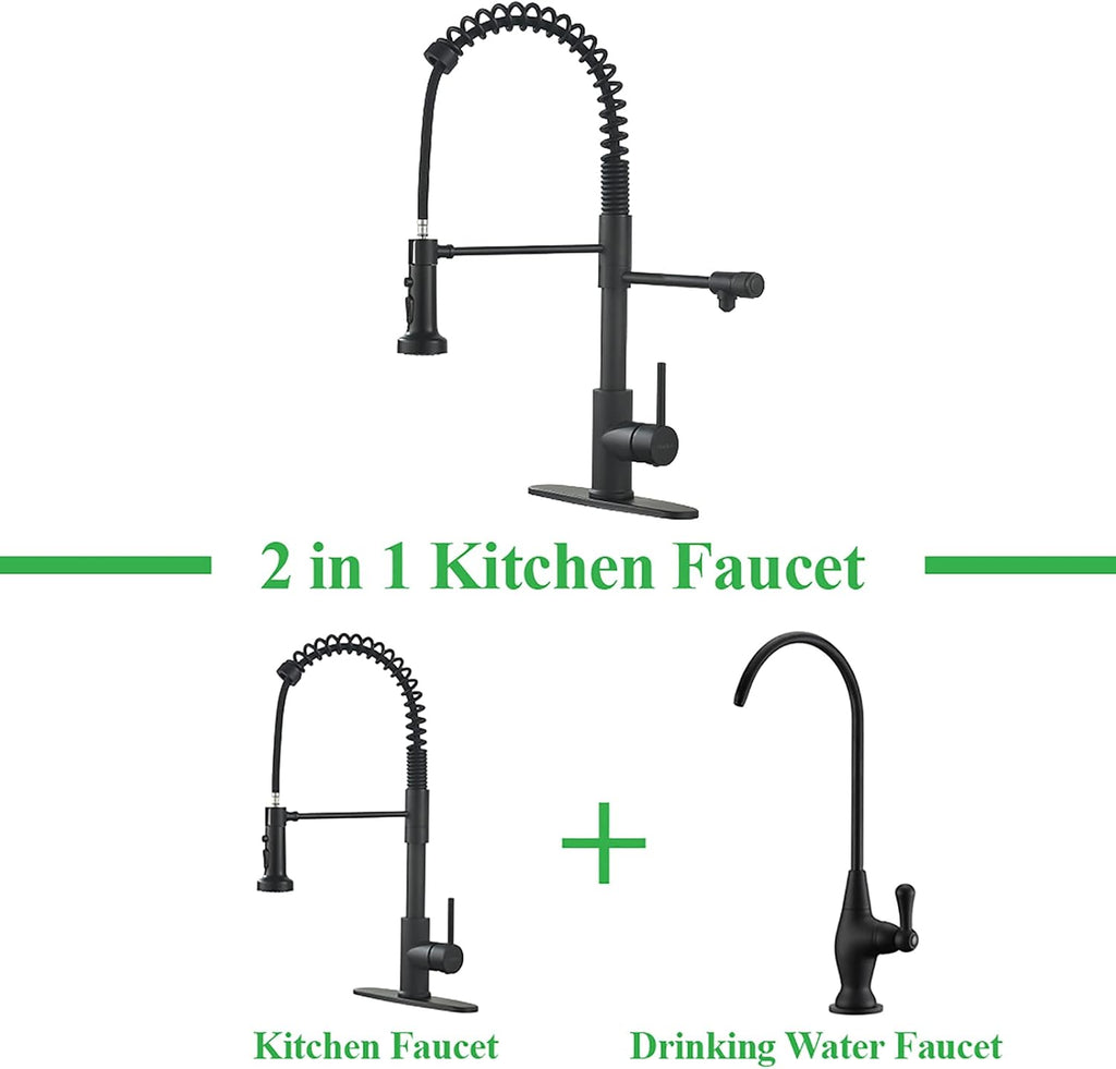 Drinking Water Faucet: Kitchen pull-down water filtration faucet and bar sink filtration faucet, featuring a matte black stainless steel finish.