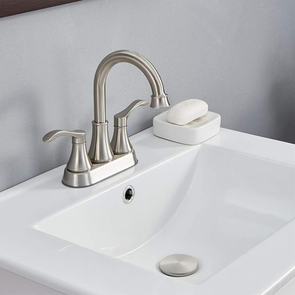 Lead-Free Commercial Double-Handle Brushed Nickel Bathroom Sink Faucet | 360° Swivel High-Arc Spout | 4-Inch Centerset Faucet Set (Includes Drain Assembly & Supply Hoses)
