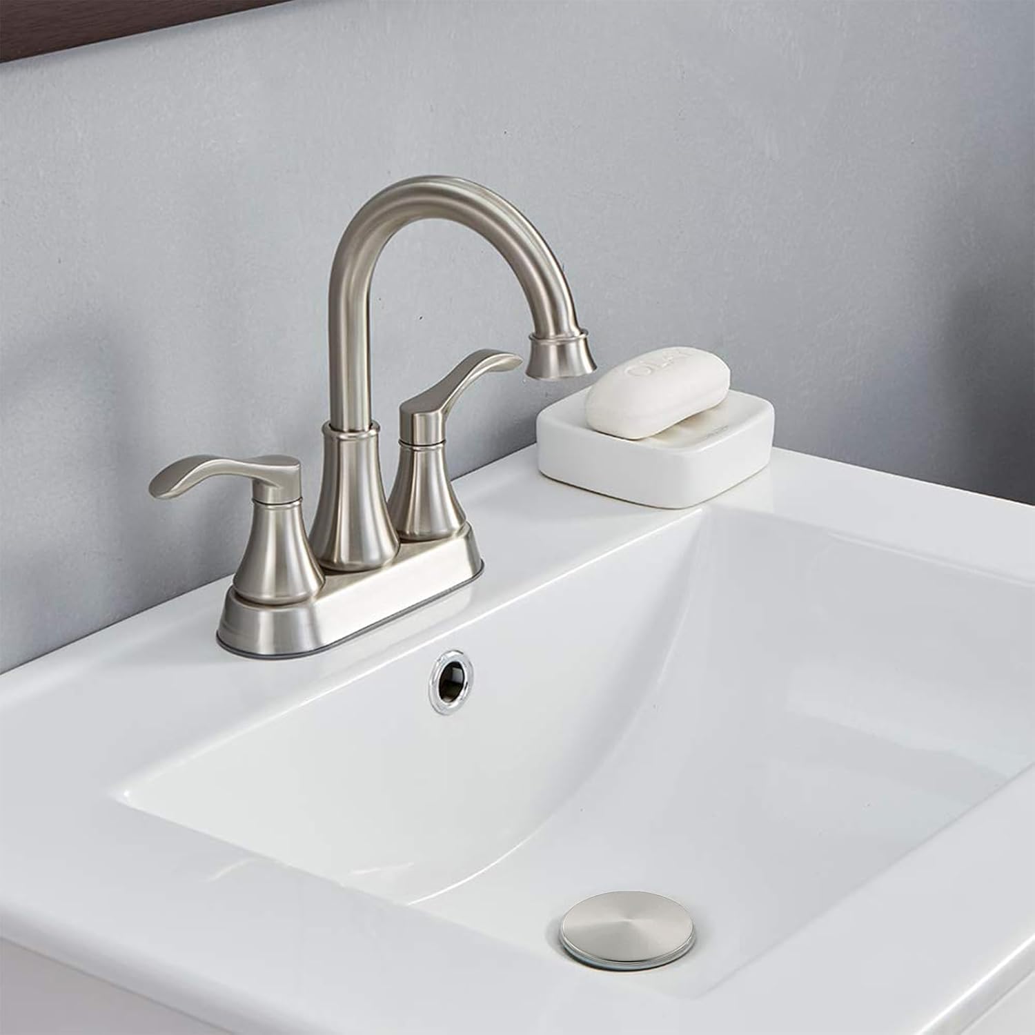 Lead-Free Commercial Double-Handle Brushed Nickel Bathroom Sink Faucet | 360° Swivel High-Arc Spout | 4-Inch Centerset Faucet Set (Includes Drain Assembly & Supply Hoses)