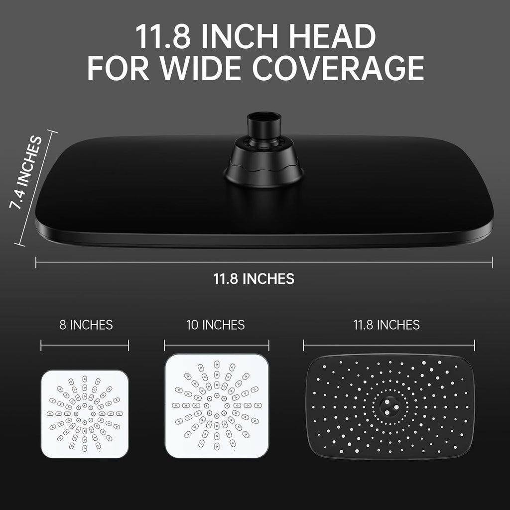 11.8-Inch Rain Showerhead (with Handheld) — High-Pressure Dual Shower Combo, Handheld Unit Features 5 Spray Modes, Wide-Coverage Rain Showerhead with Hose, Bathroom Fixture, Matte Black