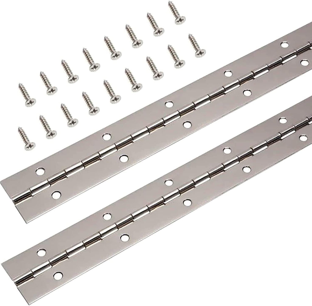 12 Inch Continuous & Piano Hinges, 2Pcs Stainless Steel Continuous Hinge with Holes, Heavy Duty Polished Stainless Piano Hinges for Boats Cabinets Storage Box, 24 Screw Included (Silver)