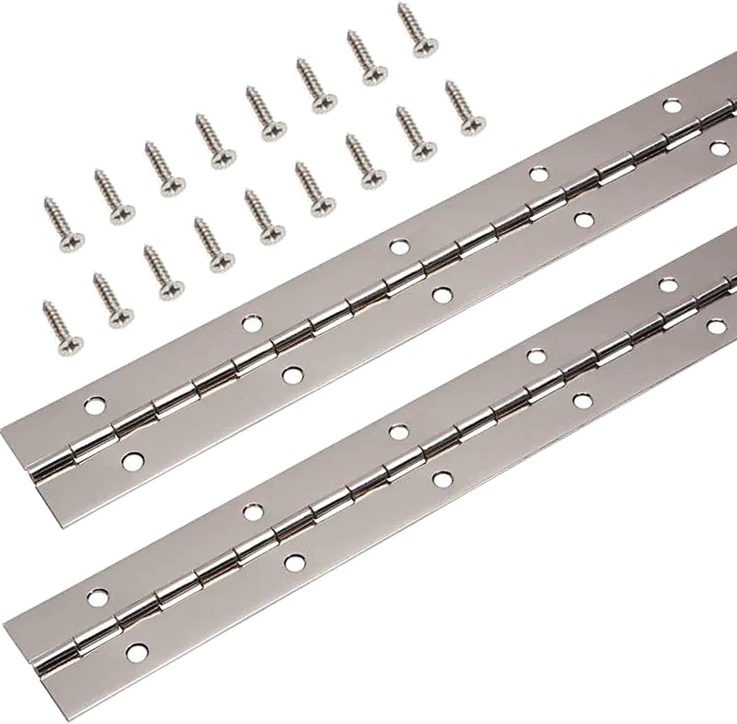 12 Inch Continuous & Piano Hinges, 2Pcs Stainless Steel Continuous Hinge with Holes, Heavy Duty Polished Stainless Piano Hinges for Boats Cabinets Storage Box, 24 Screw Included (Silver)