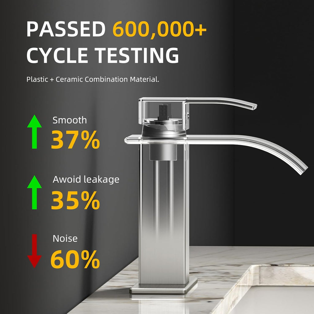 Bathroom Faucet: Brushed Nickel finish; modern-style waterfall lavatory faucet with a single-handle design; compatible with 1-hole or 3-hole sink configurations. Single-Hole Sink Installation