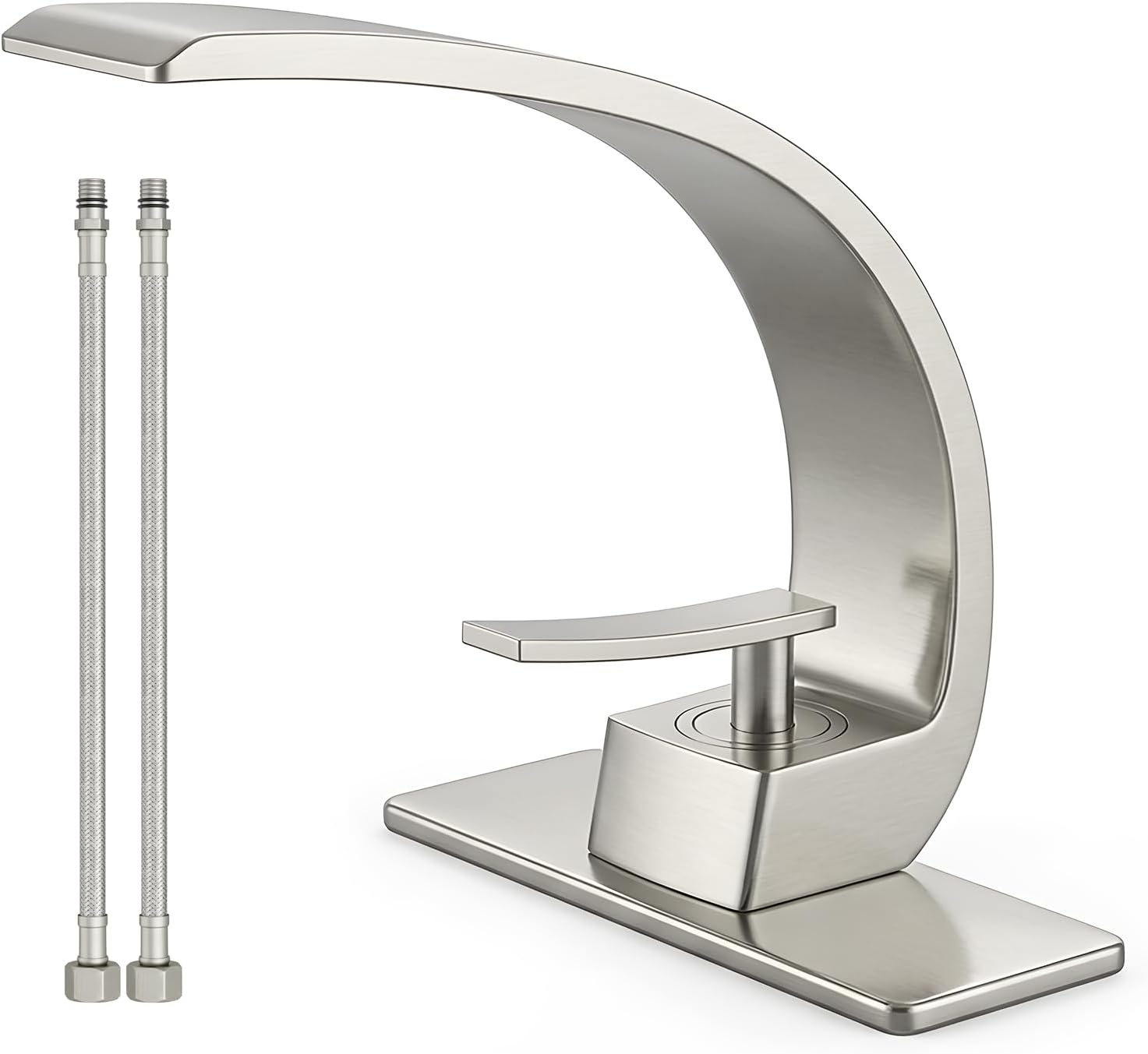 Modern-Style Bathroom Sink Faucet — Single-Hole, Single-Handle Design; Solid Brass Construction with Brushed Nickel Finish; Deck-Mounted Gooseneck Lavatory Faucet (Hot & Cold Mixer)