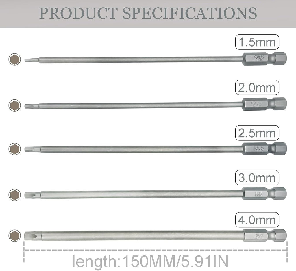 5Packs RC Hex Bit 6 Inch Power Bits 1.5mm 2.0mm 2.5mm 3.0mm 4mm Allen Wrench Drill Bit Set Professional Grade ¼ Inch Hex Shank for Screwdrivers Electric Screwgun/Power Drill
