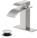 Bathroom Faucet: Brushed Nickel finish; modern-style waterfall lavatory faucet with a single-handle design; compatible with 1-hole or 3-hole sink configurations. Single-Hole Sink Installation