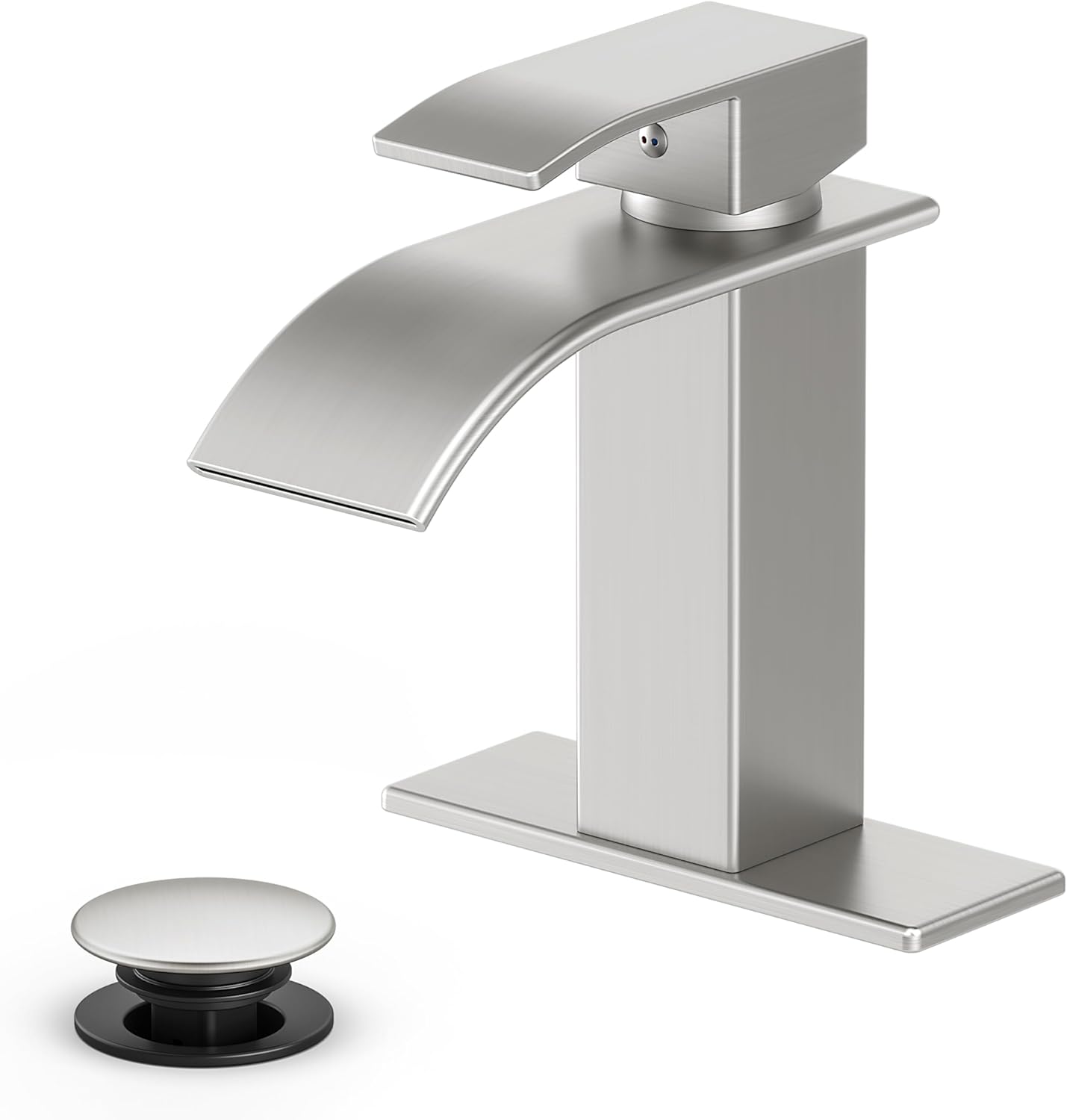 Bathroom Faucet: Brushed Nickel finish; modern-style waterfall lavatory faucet with a single-handle design; compatible with 1-hole or 3-hole sink configurations. Single-Hole Sink Installation