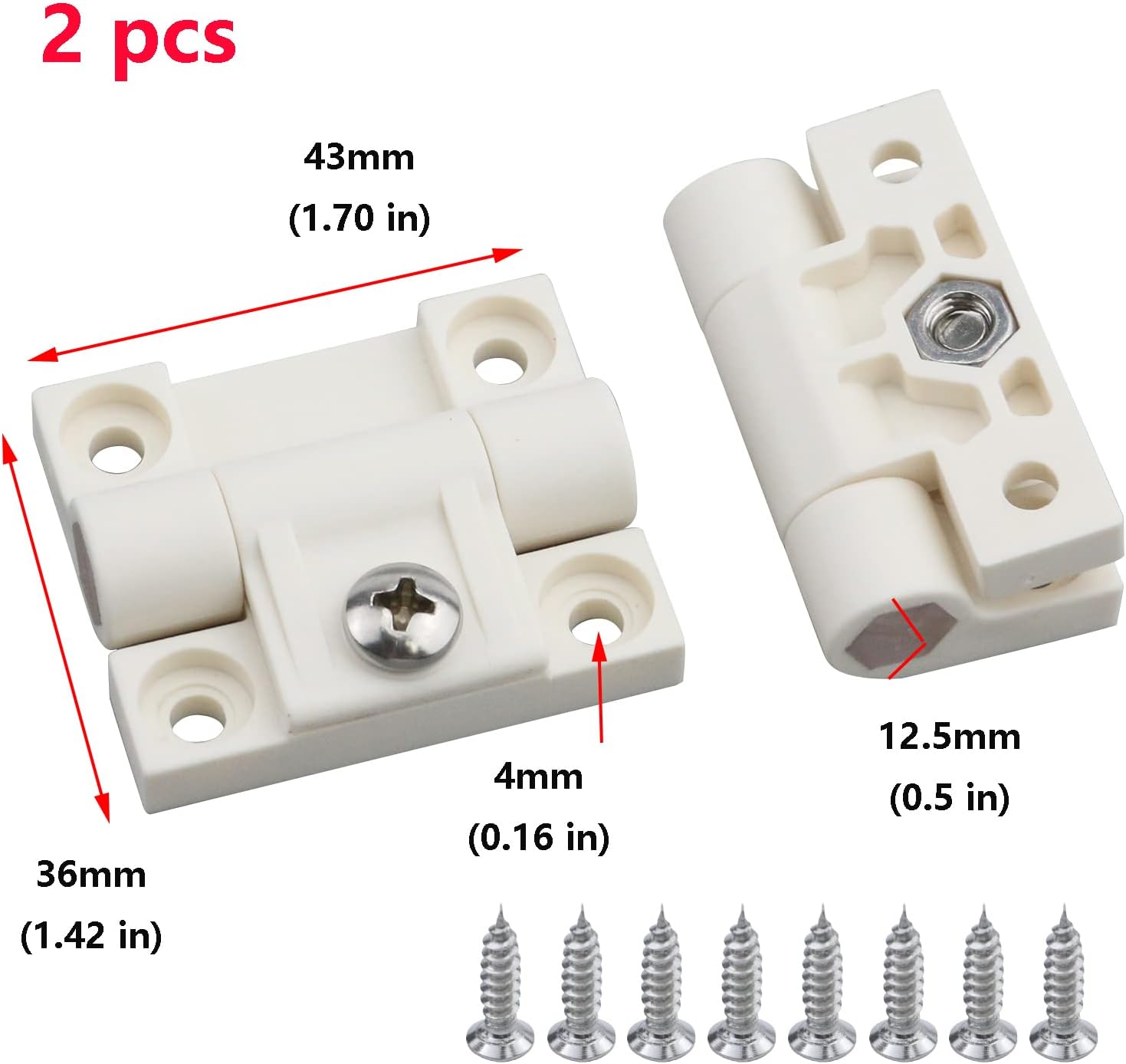 2 Pack 43mmx36mm 4 Countersunk Holes Plastic Adjustable Torque Position Control E6-10-301-20 Series Hinge White Door Hinges