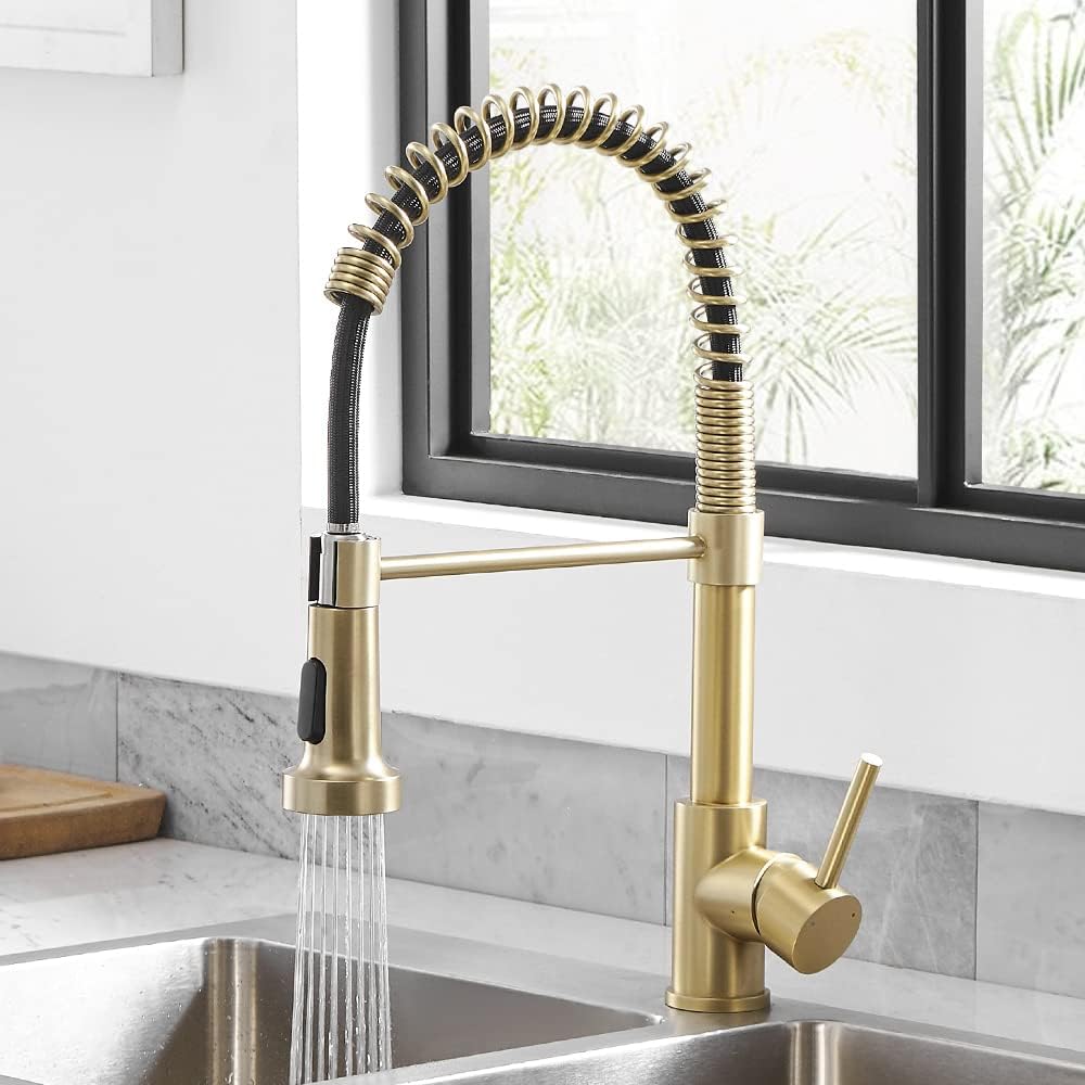 Kitchen Pull-Down Faucet — 304 Stainless Steel Construction, Industrial-Style Single-Handle Single-Hole Faucet; Suitable for Farmhouse, Camper, Laundry Room, Utility Room, RV, and Wet Bar Sinks — Gold Finish