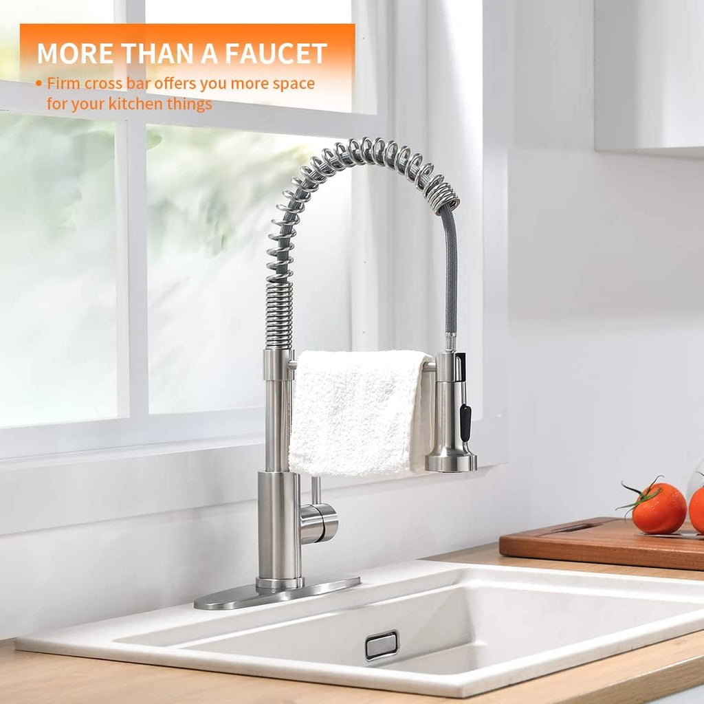 Kitchen Pull-Down Faucet — Brushed Nickel Stainless Steel, Single-Handle Spring-Style Sink Faucet (Supports 1- or 3-Hole Installation); Dual-Function Design; Suitable for Farmhouses, Campers, Laundry Rooms, Utility Rooms, RVs, and Wet Bars