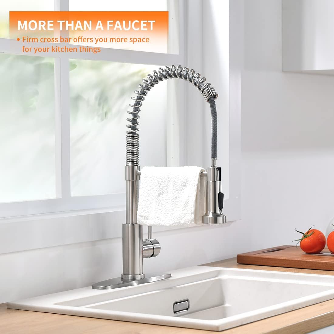 Kitchen Pull-Down Faucet — Brushed Nickel Stainless Steel, Single-Handle Spring-Style Sink Faucet (Supports 1- or 3-Hole Installation); Dual-Function Design; Suitable for Farmhouses, Campers, Laundry Rooms, Utility Rooms, RVs, and Wet Bars