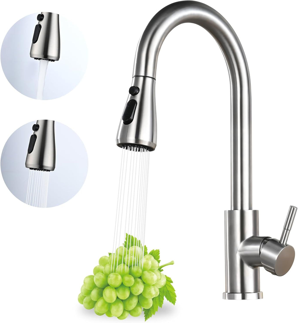 Kitchen Pull-Down Faucet: High-arc, single-handle sink faucet in brushed nickel stainless steel; features 3 spray modes (stream/spray/pause) and 360° rotation; suitable for kitchen sinks.