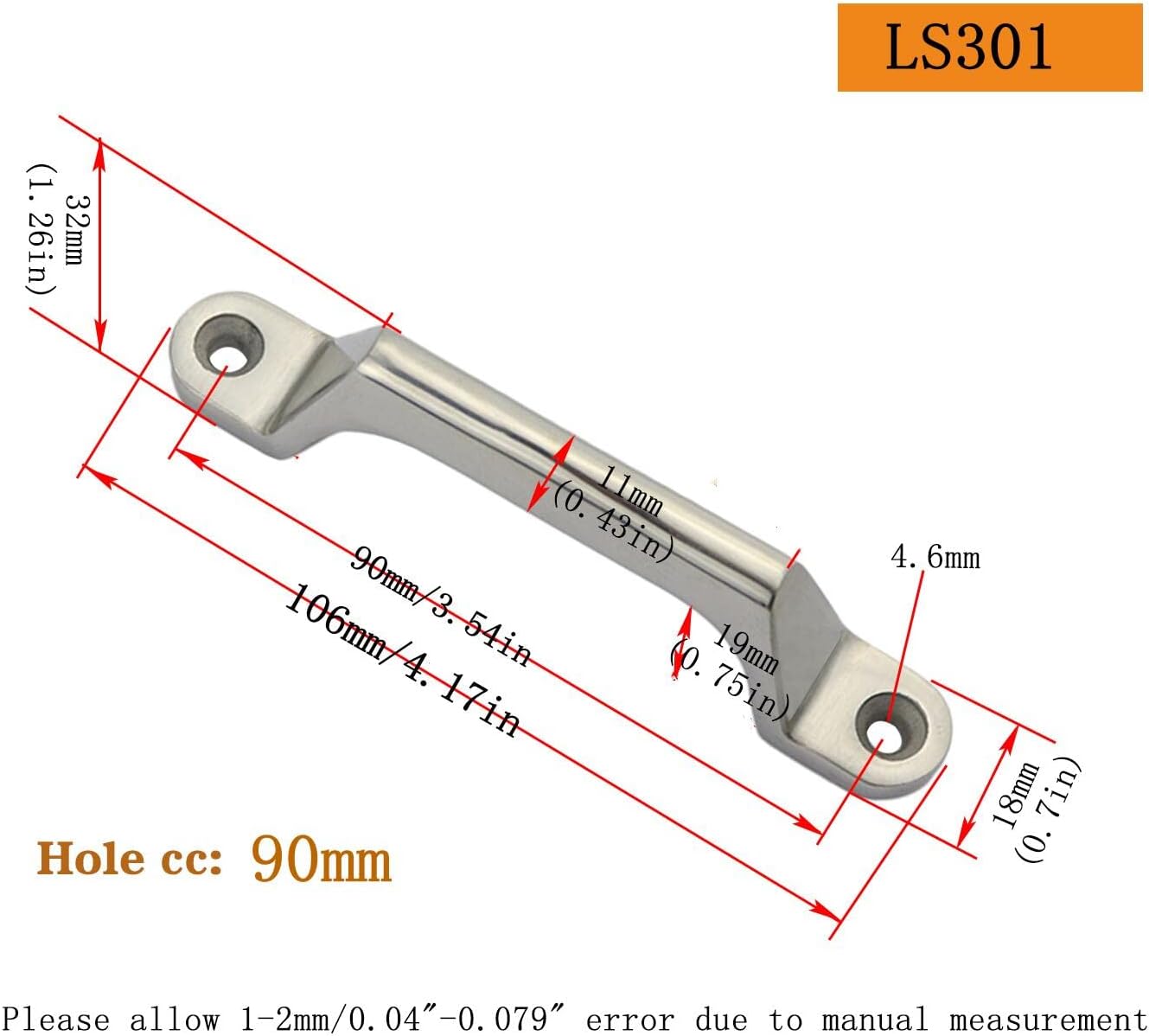 1 Pcs Heavy Duty Industrial Equipment Handles Solid 304 Stainless Steel Drawer Cabinet pulls knob Bows Door Window Toolbox Handle Hardware(Hole Centers:90mm)