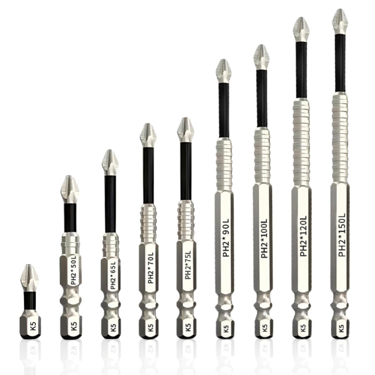 9 Pack High Magnetic Screwdriver Drill Bit Set, k5 Anti Slip bit, Electric Precision Screwdriver Set, 25 50 65 70 75 90 100 120 150mm