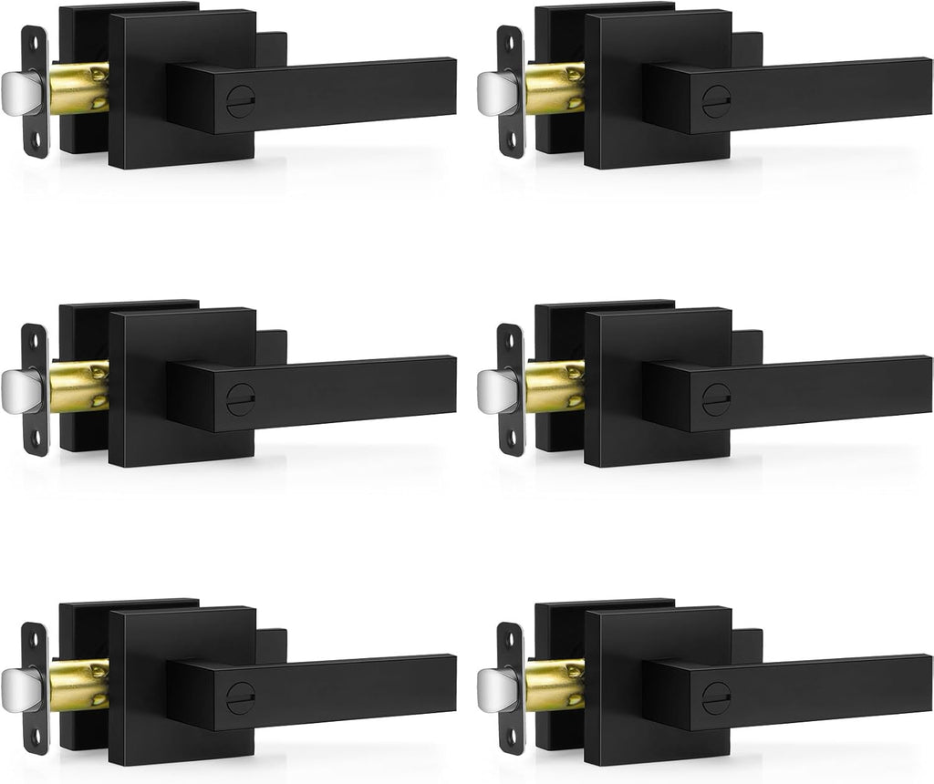 6 Pack Matte Black Door Handles, Keyless Interior Door Knobs, Privacy Door Lever Locksets for Bedroom Bathroom, Heavy Duty Square Door Lock (2.0lb), Reversible for Left&Right Handled Doors