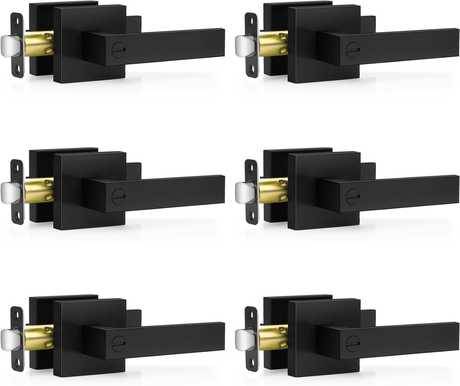 6 Pack Matte Black Door Handles, Keyless Interior Door Knobs, Privacy Door Lever Locksets for Bedroom Bathroom, Heavy Duty Square Door Lock (2.0lb), Reversible for Left&Right Handled Doors