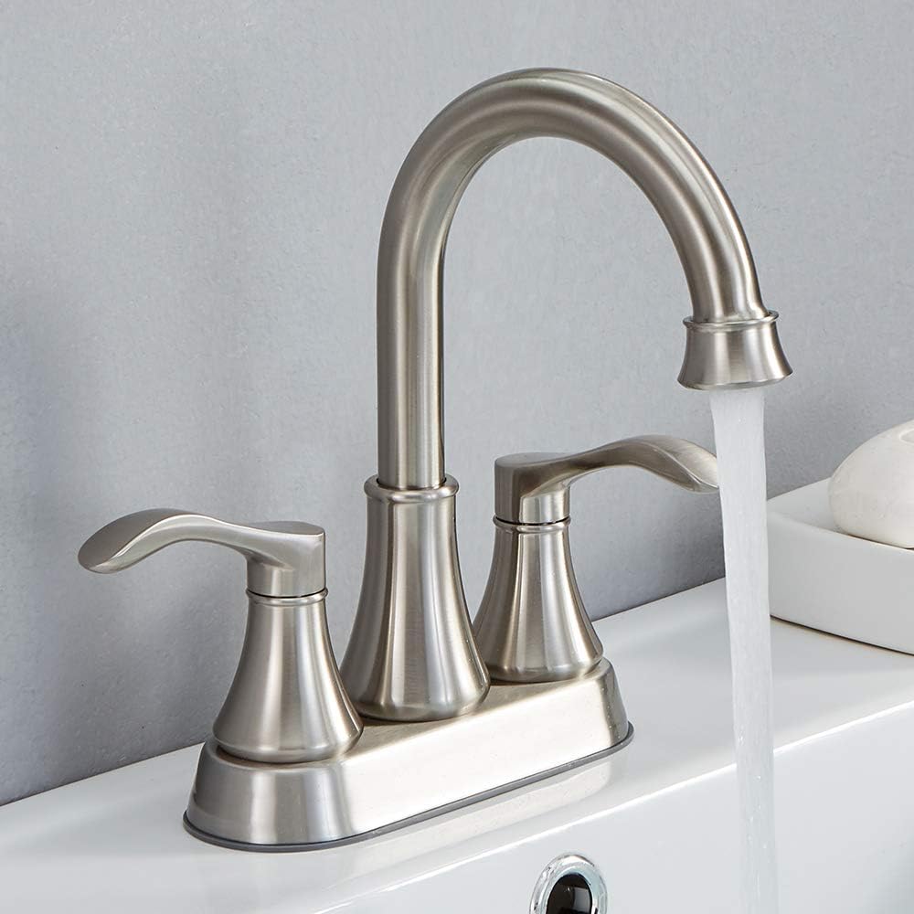 Lead-Free Commercial Double-Handle Brushed Nickel Bathroom Sink Faucet | 360° Swivel High-Arc Spout | 4-Inch Centerset Faucet Set (Includes Drain Assembly & Supply Hoses)