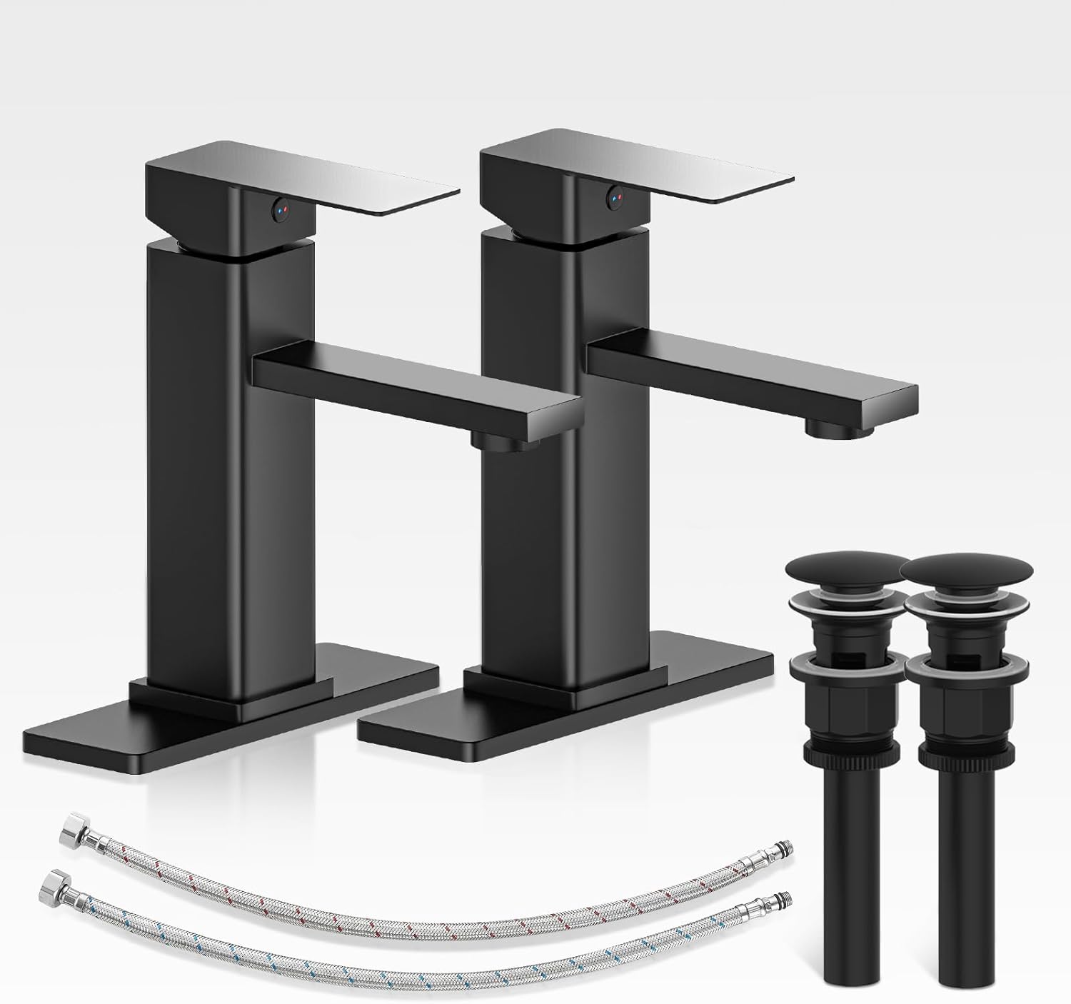 Bathroom Faucet Set (Includes Pop-Up Drain Assembly) | Modern-Style Single-Handle Black Bathroom Sink Faucet (Includes Deck Plate for 1- or 3-Hole Installation) | Farmhouse/RV/Vanity Sink Faucet — 2-Pack Set