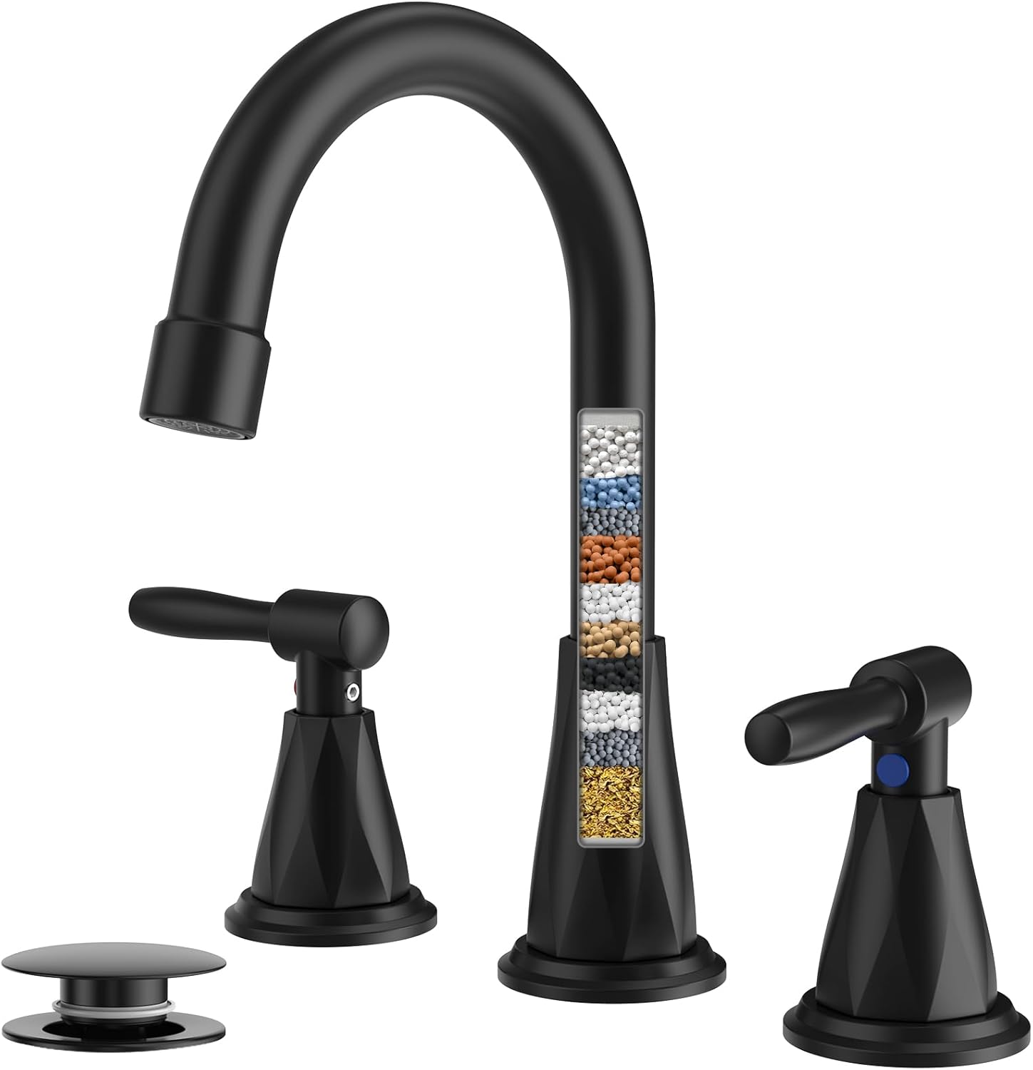 Bathroom Faucet with Filtration Function — Black Widespread Bathroom Sink Faucet (3-Hole Installation); Includes Pop-Up Drain Assembly; Dual-Handle Vanity Faucet (Modern Style)
