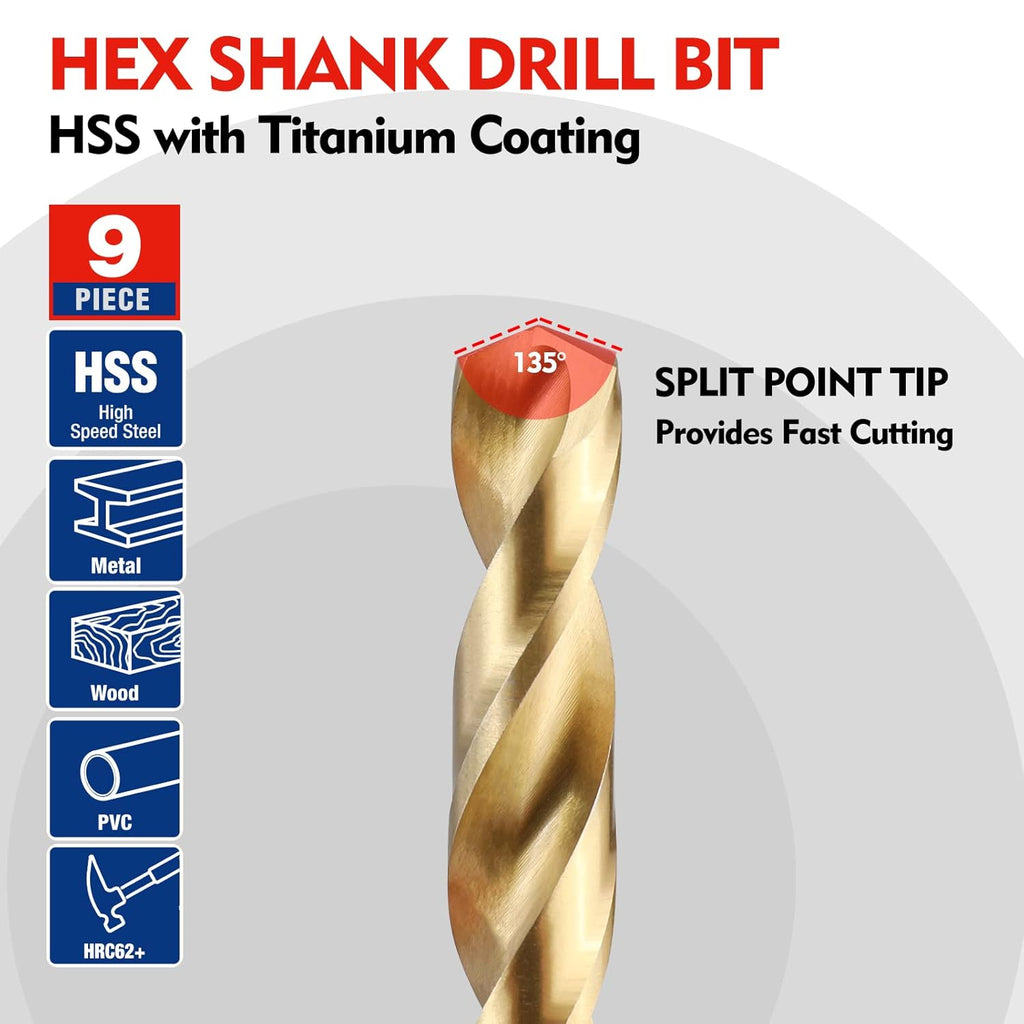 9-Piece 1/4" Hex Shank Drill Bit Set, Titanium Plating HSS Drill Bits from 1/16" to 3/8" for Metal, Steel, Wood, PVC, Quick Change Design