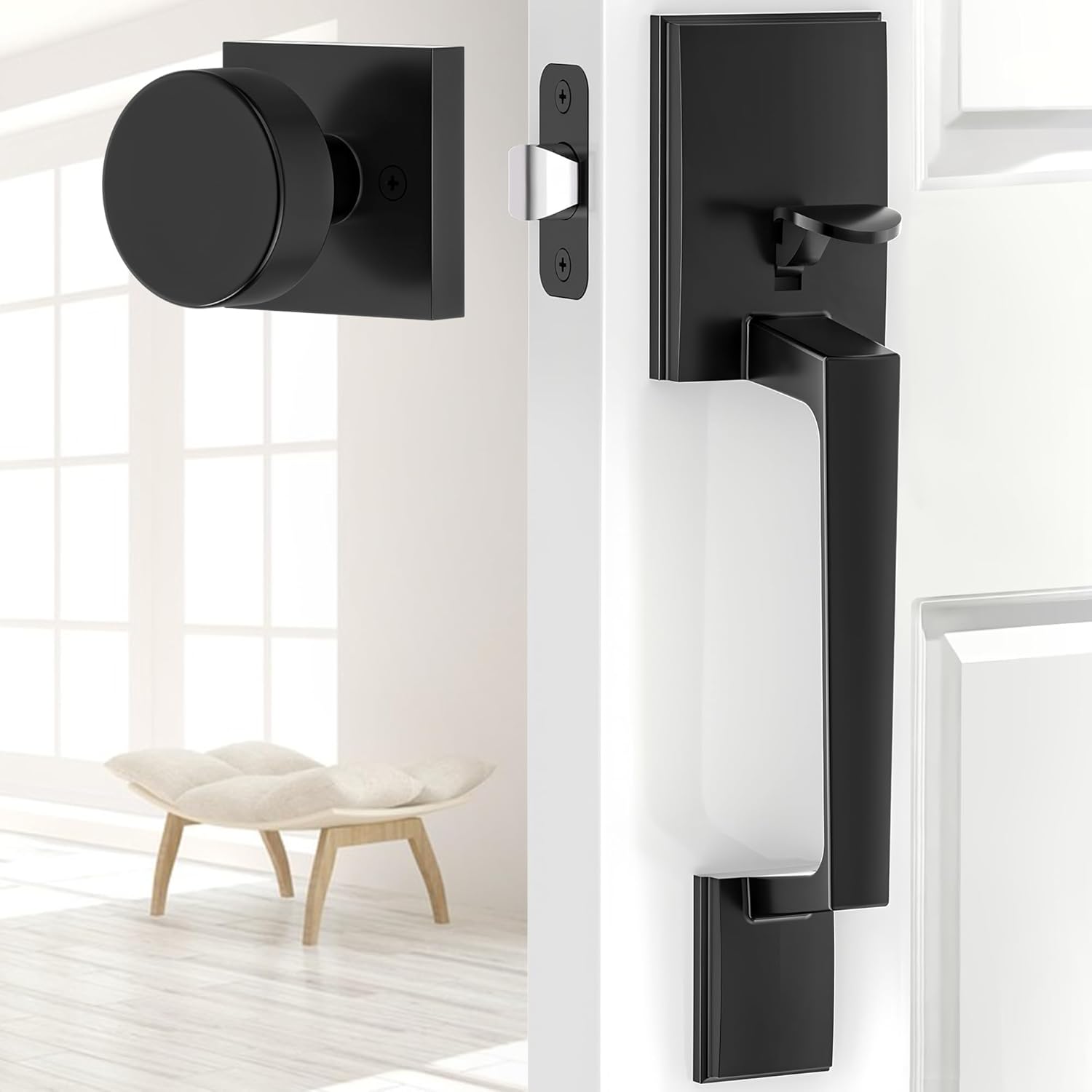Matte Black Front Door Handle Set, Entry Handleset Exterior with Interior Reversible Door Knob, Non-Locking