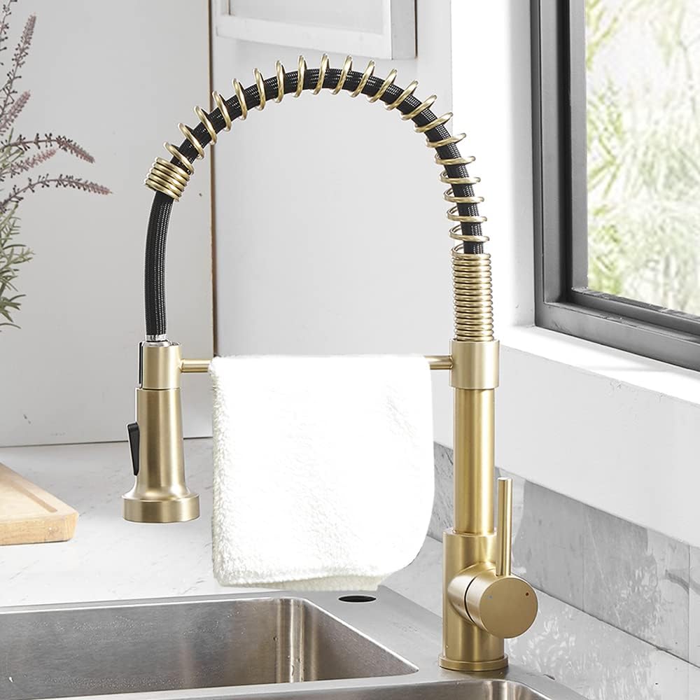 Kitchen Pull-Down Faucet — 304 Stainless Steel Construction, Industrial-Style Single-Handle Single-Hole Faucet; Suitable for Farmhouse, Camper, Laundry Room, Utility Room, RV, and Wet Bar Sinks — Gold Finish