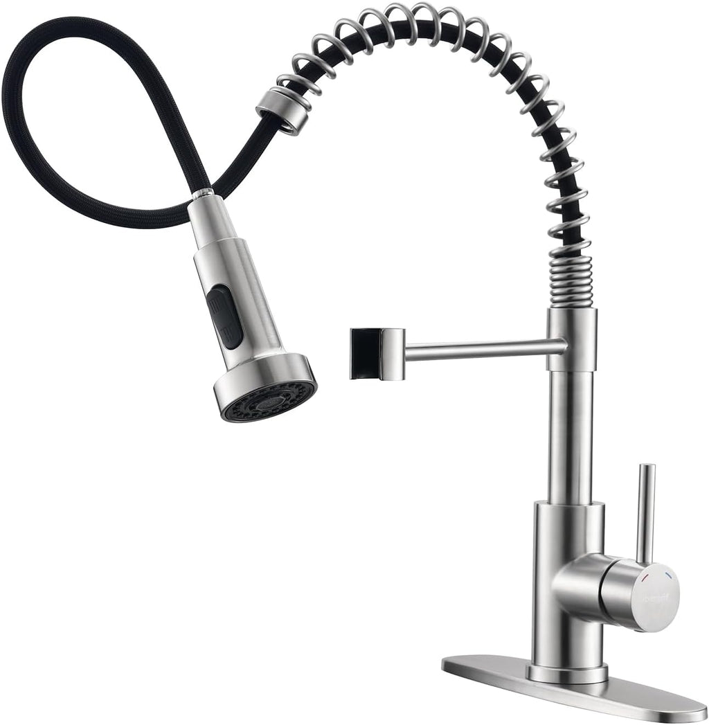 Kitchen Faucet: Features a pull-down sprayer; single-handle, pull-down spring-style sink faucet—high-arc design in Brushed Nickel stainless steel (suitable for 1-hole or 3-hole installation)—suitable for RVs, laundry rooms, farmhouses, and bar areas.