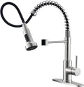 Kitchen Faucet: Features a pull-down sprayer; single-handle, pull-down spring-style sink faucet—high-arc design in Brushed Nickel stainless steel (suitable for 1-hole or 3-hole installation)—suitable for RVs, laundry rooms, farmhouses, and bar areas.
