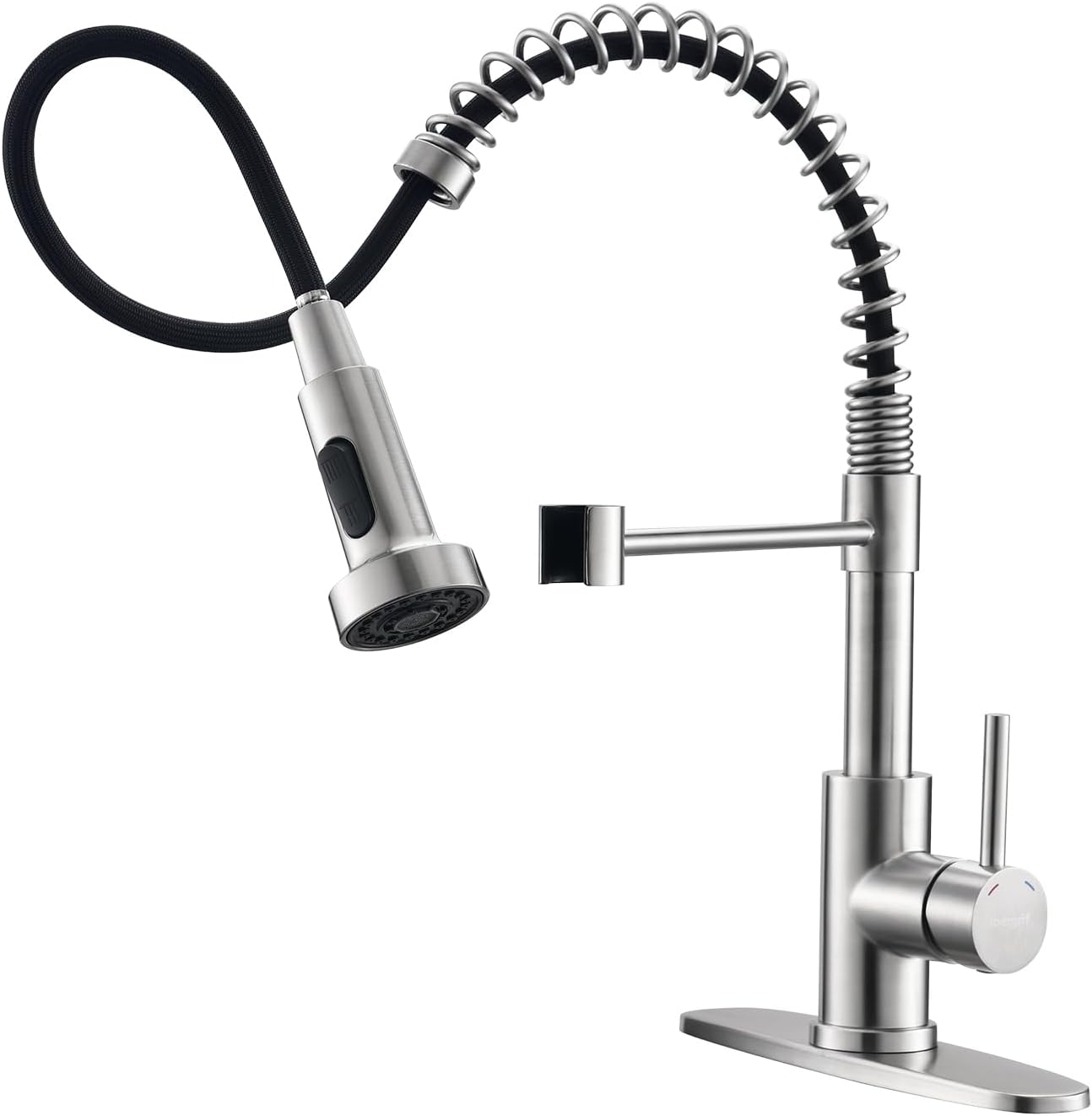 Kitchen Faucet: Features a pull-down sprayer; single-handle, pull-down spring-style sink faucet—high-arc design in Brushed Nickel stainless steel (suitable for 1-hole or 3-hole installation)—suitable for RVs, laundry rooms, farmhouses, and bar areas.